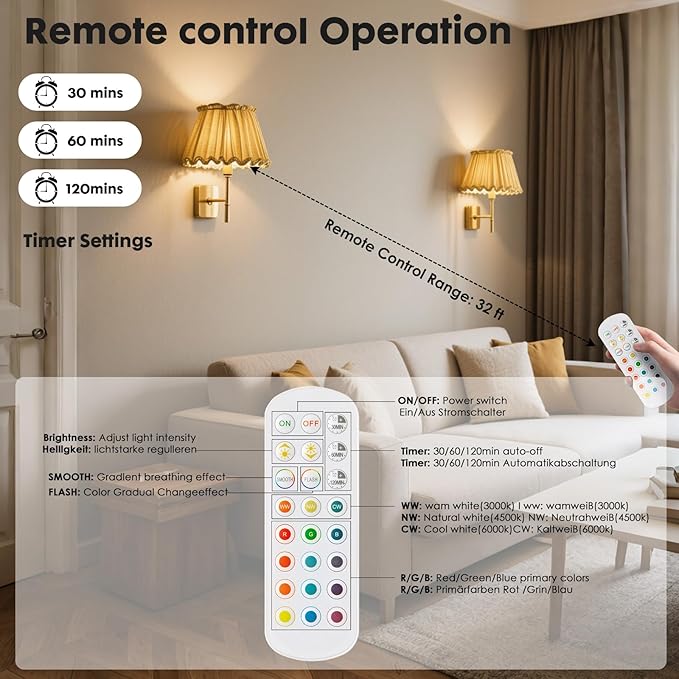 2Pack E26 Rechargeable Light Bulbs with Remote, A19 40W Equivalent Bulb, Soft Warm White 2700K, 400LM Dimmable 5W LED Light Bulb with 15 Colors 3 Timer for Non-Wired Lamp Sconce, Touch, Remote Control