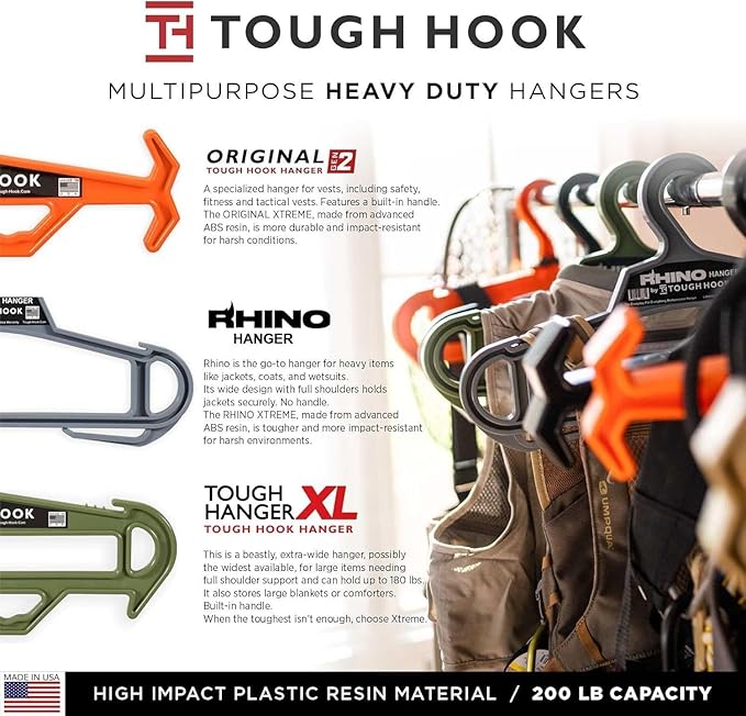 Tough Hook Original Heavy Duty Hangers – The Superhero of Hangers USA-Made, Anti-Slip ABS Resin Tactical Hanger for Police Gear, Scuba Gear & Dive BCD – DuraResin 200-lb Cap Wetsuit Hanger, 8 Gray