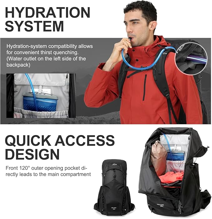 IX INOXTO 55L Internal Frame Waterproof Hiking Camping Backpack with 3L Water Bladder and Rain Cover, Large Lightweight Travel Daypack Rucksack for Climbing (Black)
