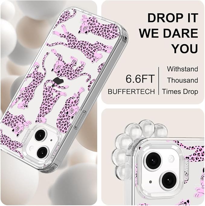 MOSNOVO for iPhone 13/14 Case | Military Grade 6.6ft Drop Tested | Clear with Pink Leopard Design