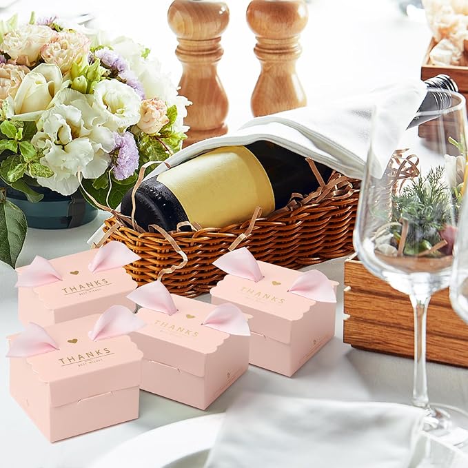 CHolic 50Pcs Party Favor Candy Box, Thank You Pink Gift Candy Box with Ribbons for Birthday Party, Bridal Shower, Wedding Decorations, Candy Table Decorations