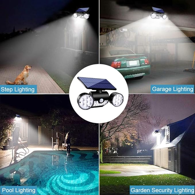Solar Lights Outdoor, Motion Sensor Security Lights Solar Wall Lights with Dual Head Spotlights LED Waterproof 360° Adjustable Solar Motion Lights Outdoor for Garden Garage Patio, 1 Pack