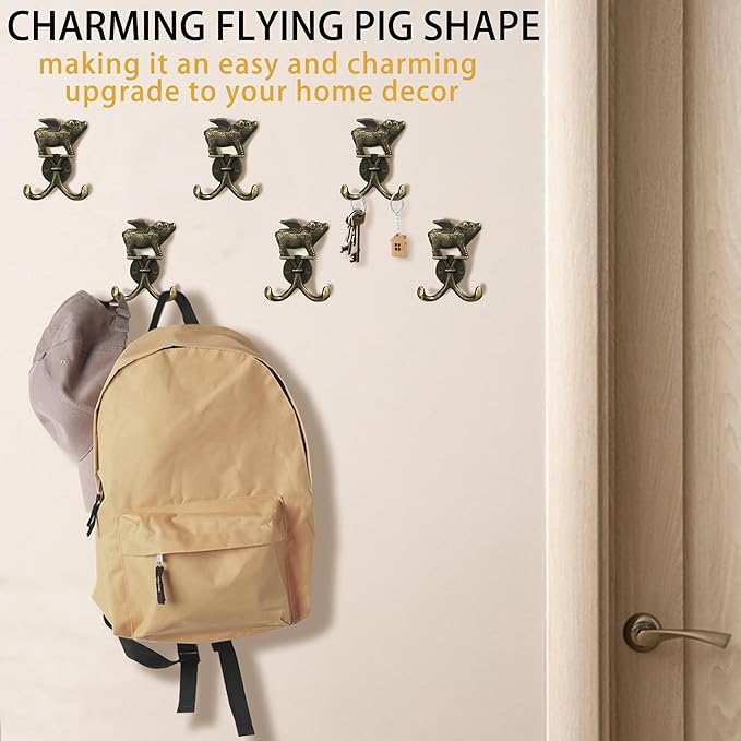 Cute Flying Pig Decorative Wall Double Hook for Hanging Coat Keys Hats Towel Small Vintage Zinc Alloy Multi-Purpose Hook for Farmhouse Bathroom Kitchen Kids Room (Bronze 6Pcs)