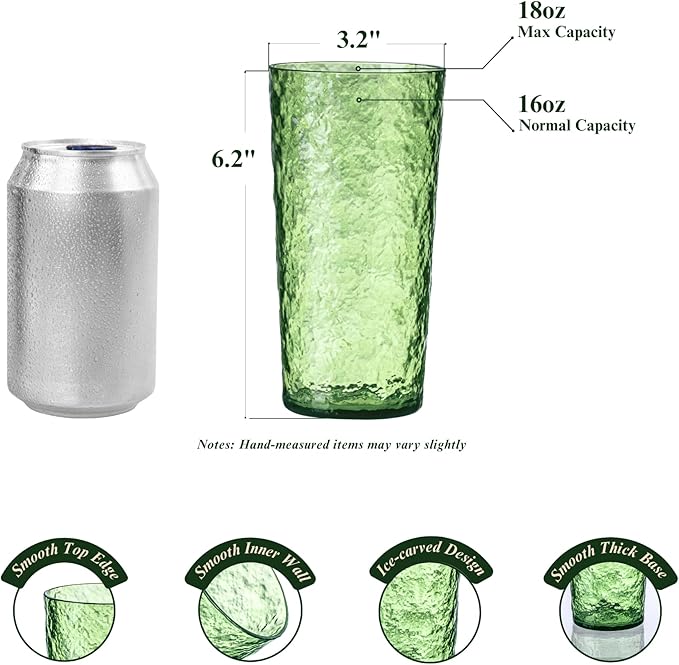 18oz Acrylic Glasses Drinkware (Set of 8), Ice-carved Design Unbreakable Plastic Cups, Reusable Plastic Drinking Glasses, Stackable, BPA-Free, Dishwasher-Safe (Green)