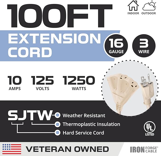 Iron Forge Cable Weatherproof 100 Ft Outdoor Extension Cord - 3 Outlet 16/3 SJTW Heavy Duty Light Brown Extension Cord 100ft 3 Prong - 10 Amp Power Cable