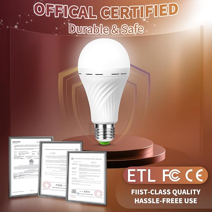 Emergency Rechargeable Light Bulbs, Battery Powered LED Light Bulb Daylight E26 12W 60W Equivalent with 1500mAh for Home Power Outage Camping Hiking(6 Bulbs,3 Plug Caps, 3 Hooks,3 socket adapter)