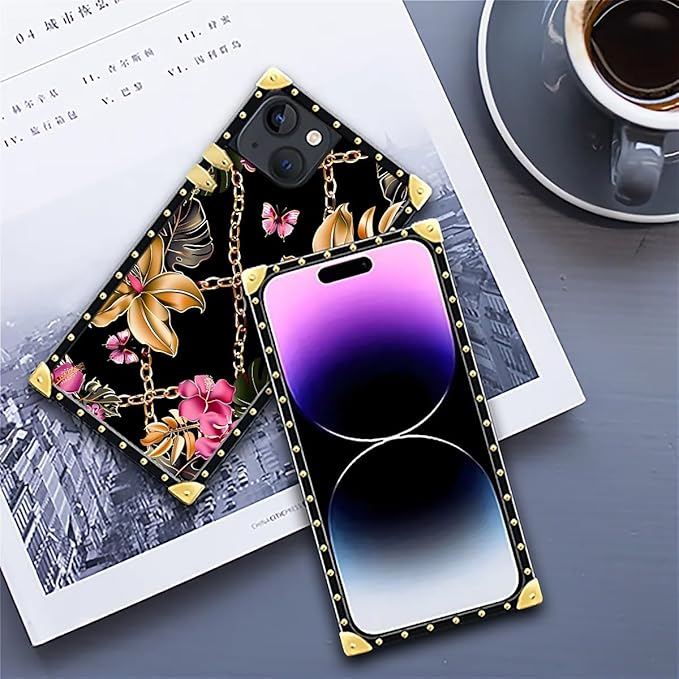 Compatible with iPhone 14 Case, Pink Golden Chain Tropical Flower Luxury Golden Decoration for Girl Women Soft TPU Shockproof Protective Hard PC Back for iPhone 14
