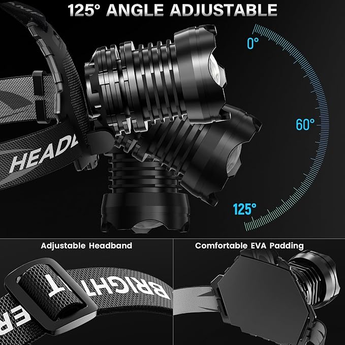 AKNEAR Rechargeable LED Headlamp Super Bright, 99000 High Lumens Head Lamp Zoomable, 25Dys+ Runtime & 12 Mode & Lightweight Comfort & 125° Adjustable IPX-7 Waterproof Head Light for Outdoor,Hardhat