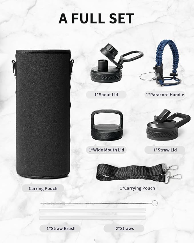 Trebo Water Bottle 40oz with Paracord Handle, Half Gallon Large Vacuum Triple Wall Stainless Steel Insulated Water Jug with Holder Strap Straw Spout Lids, Leakproof Keep Cold & Hot,Classic Blue