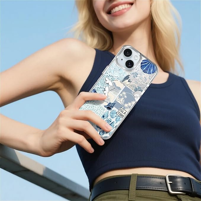 Case for iPhone 15,[Compatible with MagSafe],Sea Life Ocean Waves Seashell Collage Phone Case Design，for Women Girls Magnetic Clear Cover - Slim, Sleek, & Shockproof Protection