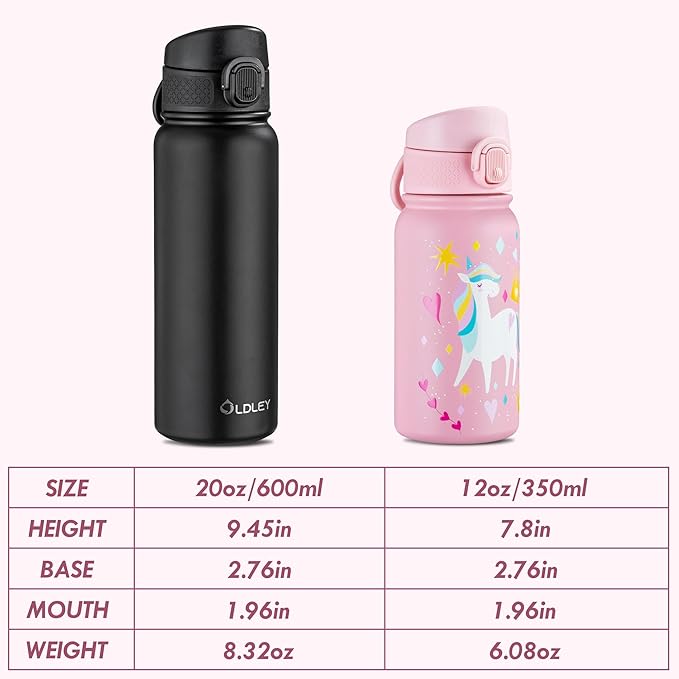 OLDLEY 12oz Kids Water Bottle, Stainless Steel Insulated Water Bottle For Kids, With Straws Leak-proof, Kids Water Bottles For School Boys Girls,Unicorn