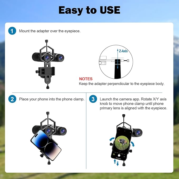 VANKEY 2-Axis Phone Scope Mount, Universal Spotting Scope Phone Adapter, Metal Telescope Mount for Binocular, Monocular, Microscope - Fits Max 2.5" Eyepiece Diameter, for iPhone Android Phones