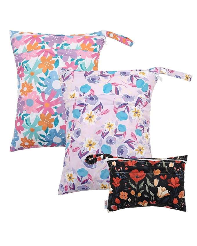 ALVABABY 3 Cloth Diaper Wet Dry Bags Waterproof Reusable with Two Zippered Pockets Travel Beach Pool Daycare Soiled Baby Items Yoga Gym Bag for Swimsuits or Wet Clothes Small medium Large 3L-SML07