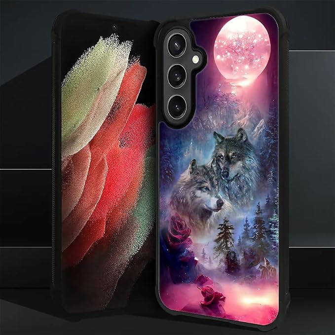 for Samsung Galaxy S23 FE Case, Star Two Wolfs Howling Pattern Graphic Design Girl Boy Soft Silicone Hard Acrylic Shock Protection for Samsung Galaxy S23 FE