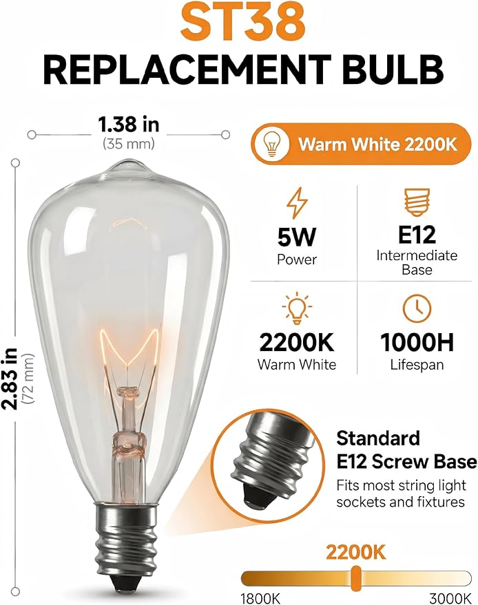 ST38 Edison Replacement Light Bulbs, 7W Clear Glass String Lights for Outdoor Patio Garden Wedding Decor, C7/E12 Screw Base, 10 Pack