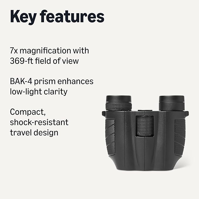 Amazon Basics 7x25 Compact Binoculars, FMC Optics, BAK-4 Prism, Lightweight Portable Design for Travel and Outdoor Use, Black