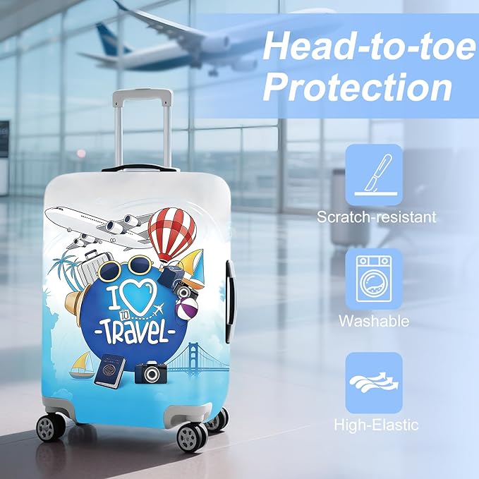 ANNA QUEEN I Love Travel Themed Luggage Cover,Stretchable Suitcase Protector Sleeve,Fit for 20-22 Inch Checked Baggage,Water Resistant & Durable Luggage Protector