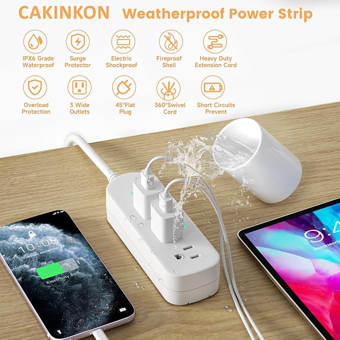 Outdoor Power Strip Weatherproof 3 FT Extension Cord Waterproof Surge Protector Power Strip, 3 AC Outlets, 1625W Overload Protection, for Camping, Home, Office, Garden, FCC UL Listed