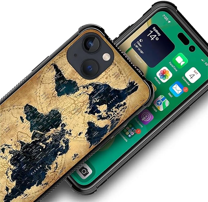for iPhone 14 Case, Brown World Map Pattern Graphic Design Girl Boy Soft Silicone Hard Acrylic Shock Protection for iPhone 14