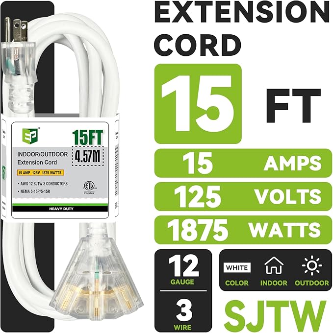 EP 15FT 12 Gauge Heavy Duty Extension Cord, 15A 125V 1875W, 3 Outlet Indoor/Outdoor Power Cord with Lighted End, 12/3 SJTW Weatherproof White, ETL Listed