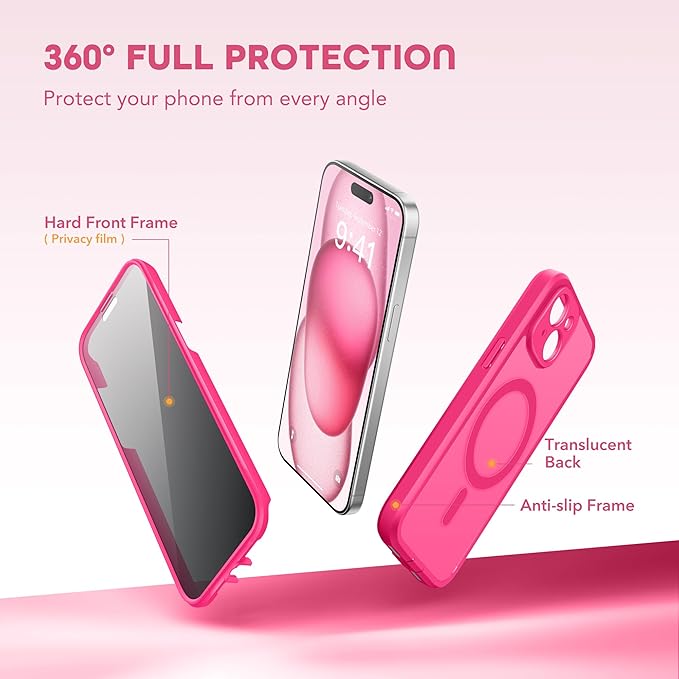 TIESZEN for iPhone 15 Plus Case, Compatible with MagSafe, Built-in Privacy Screen Protector and Camera Protection, Anti Spy Full Body Dustproof Shockproof Hard Phone Case 6.7", Hot Pink