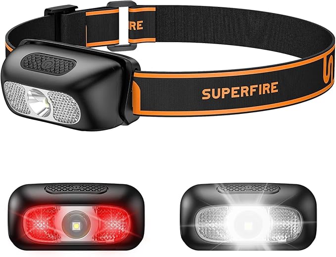 SuperFire Rechargeable Headlamp, 1.76 oz Ultra-Lightweight LED Running Headlamp with Red Flashing Light, Wide Beam, Zero-Bounce, 8H Runtime, IP44 Waterproof for Night Running, Hiking, Camping
