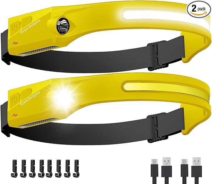 Headlamp Rechargeable LED (2-Pack, Yellow) 230° Wide Beam, USB-C Lightweight Head Lamp, Long Runtime, Water-Resistant for Camping, Hiking, Running, Fishing, Repair Work