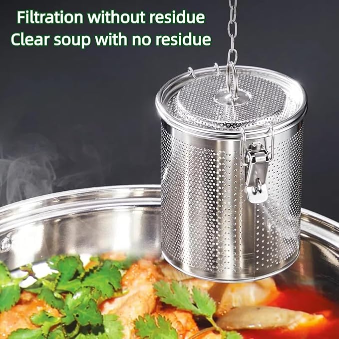 Stainless steel cylindrical seasoning filter, Multi purpose spice filter, Mesh Design Tea Ball Strainer Soup Seasonings Seperation Basket Filter with Chain Hook for Home Restaurant (14 * 14CM/2.154L)