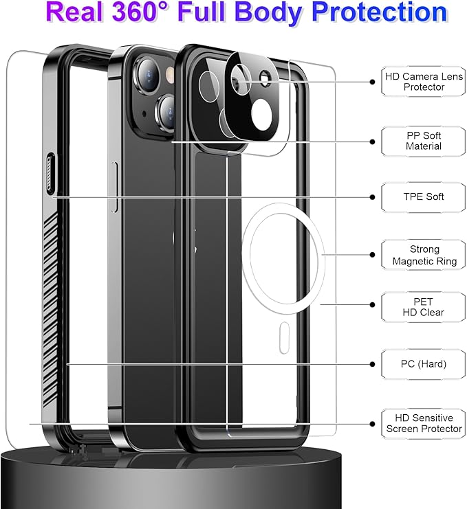 Temdan Compatible with iPhone 13 Case Waterproof, Built-in Screen & Camera Protector IP68 Underwater Full Body 13FT Military Dropproof Shockproof Phone Case 6.1"-Black/Clear-Mag