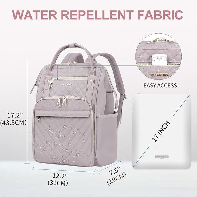 KROSER Laptop Backpack 17" Stylish Backpack Water Repellent College Casual Daypack Travel Business Work Bag for Men/Women-Quilted Dusty Pink