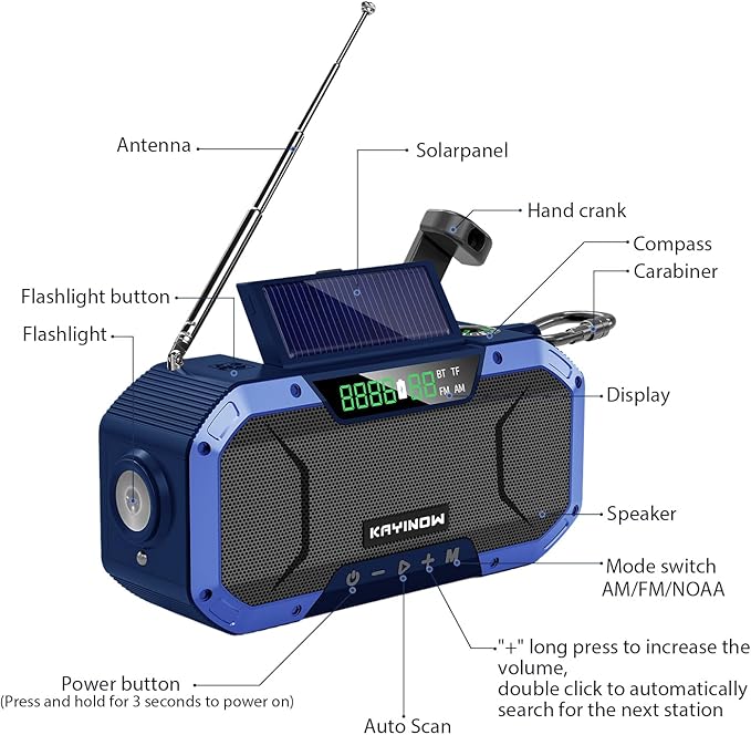 KAYINOW Emergency NOAA Weather Radio, Solar Hand Crank FM AM Radio with Bluetooth Speaker, 5000mAh/18500mWh Battery Powered, Flashlight, IPX5 Waterproof, SOS Alarm for Survival Hurricane Camping