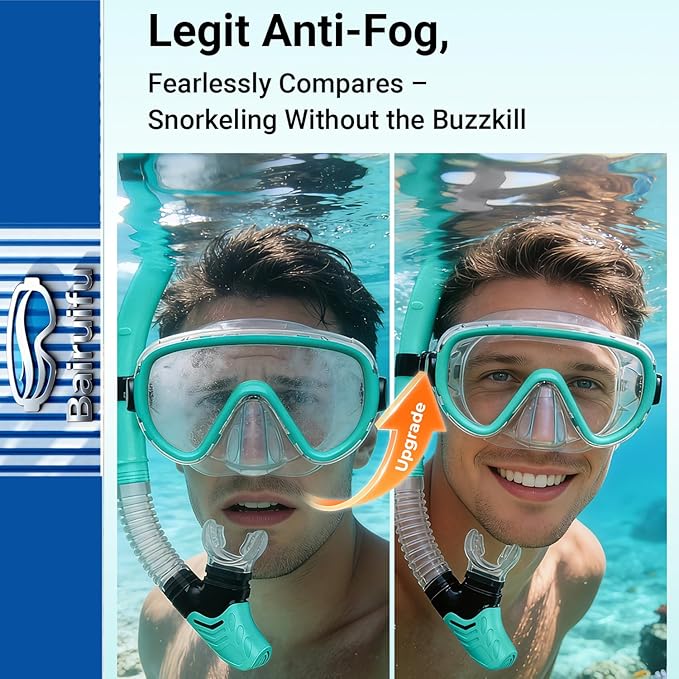 Bairuifu 2-Pack Snorkel Gear for Adults | Enhanced Anti-Fog & Anti-Leak Snorkeling Mask | Breath-Free Dry Snorkel | 180° Panoramic View with Quick-Dry Bags