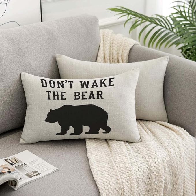 TKS MITLAN Don't Wake The Bear Decorative Pillow Covers Cool Animal Bear Black White Rustic Linen Throw Pillow Covers 12x20 Inch for Sofa Couch Decoration