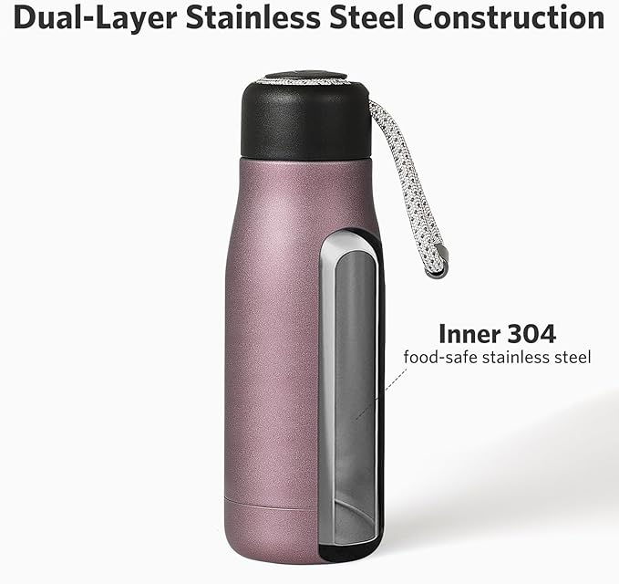Mini Water Bottle, Dusgut 12 oz Water Bottle Reusable,Vacuum Insulated, Stainless Steel,Wide Mouth Portable Lid, Light Pink