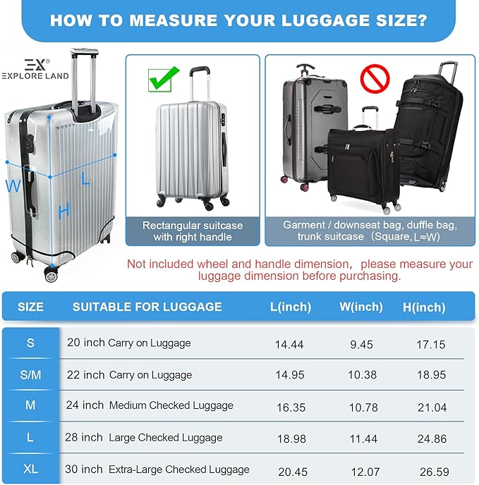 Explore Land Clear Luggage Cover Tough Protector Fits for 22 Inches Suitcase for Travel Airplane (PVC, S/M)