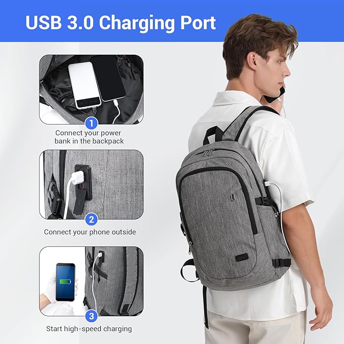 Kono Travel Laptop Backpack with USB Charging Port, Business Anti Theft Slim Sturdy Personal Item Bag, Water Resistant College Computer Daypack for Men & Women Fits 15.6 Inch Notebook, Grey