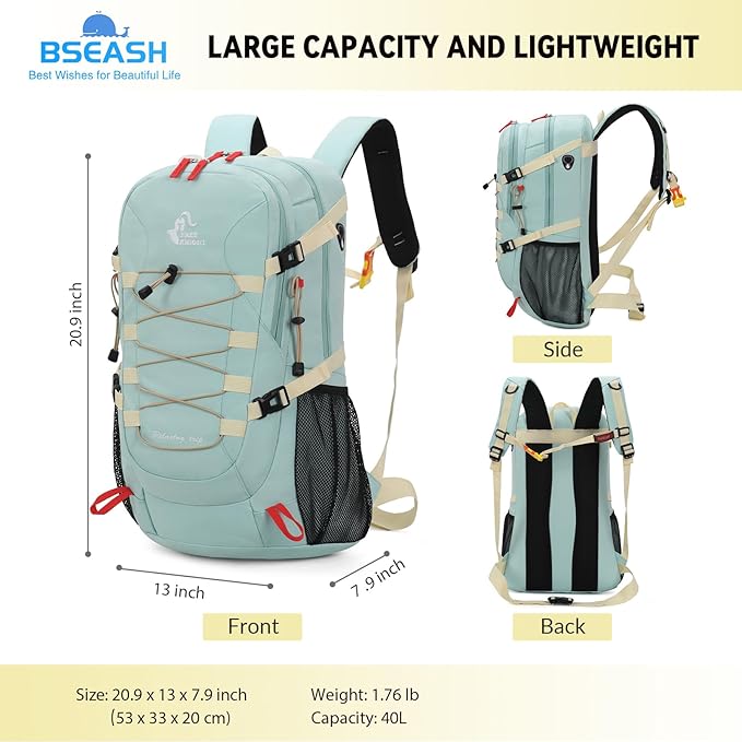 Bseash 40L Waterproof Hiking Backpack with Rain Cover, Outdoor Sport Travel Bag Daypack for Camping Climbing Skiing Cycling (Milk Green)