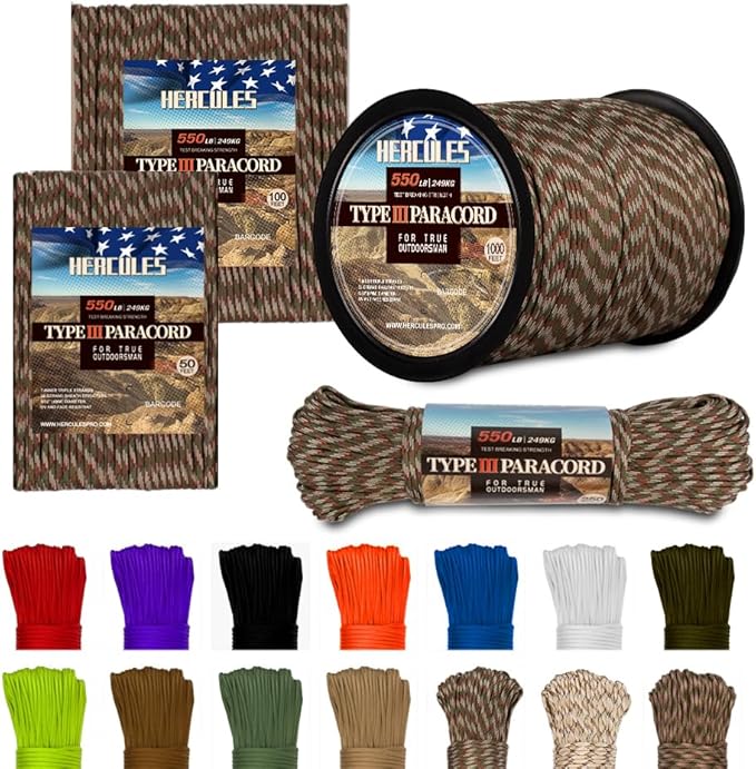 HERCULES Type III Paracord 550 Paracord Rope Parachute Cord, 100' Camo for Survival Rope, Survival Cord