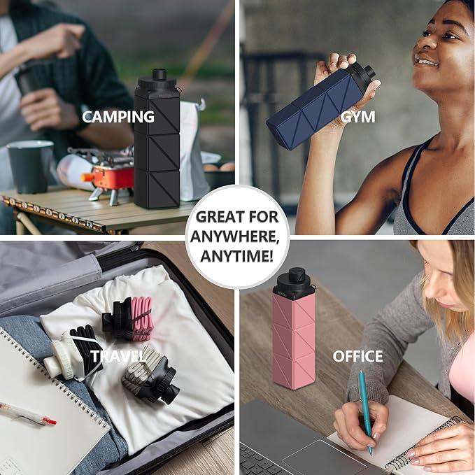 BEAUTAIL Collapsible Water Bottles, Silicone Foldable Water Bottle 610ml, Portable Lightweight Reusable Leakproof Bottle for Gym Travel Camping Hiking Sports Outdoor, 2 Pack, Black+Blue