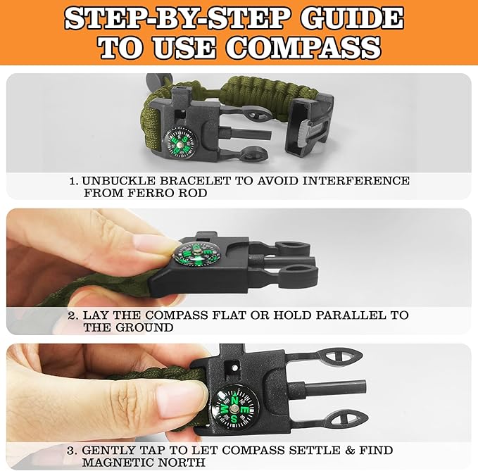 Paracord Survival Bracelet (3 Pack) - Adjustable with Fire Starter, Whistle, Compass - Survival Gear for Hiking, Camping, Fishing, Gifts for Men Dad Husband