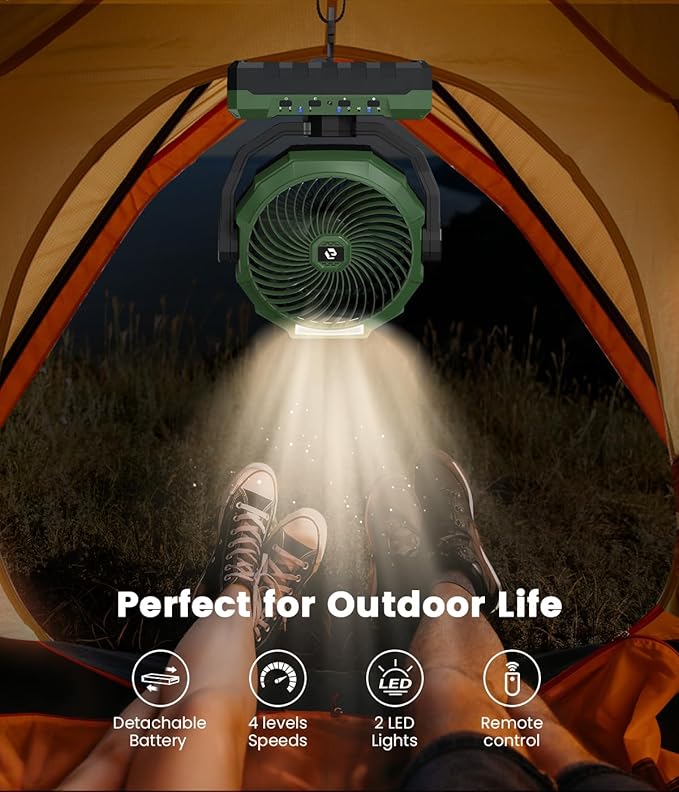 36000mAh Portable Camping Fan - 120HRS Rechargeable Fan with Detachable Battery with LED - 4 Speeds Battery Powered for Tent,Travel, Office, Jobsite, Green