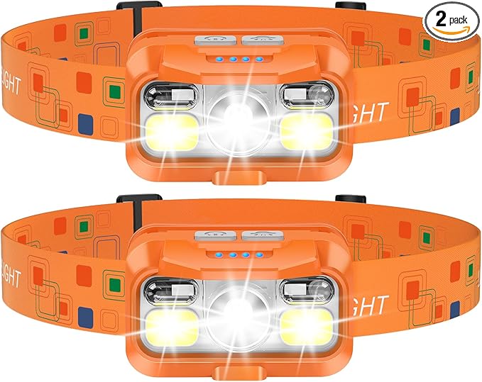 LHKNL Headlamp Rechargeable, Lumen Super Bright Motion Sensor Head Lamp Flashlight,2-Pack Waterproof LED Headlight with White Red Light,8 Modes Head Lights for Camping Cycling Running Fishing-Orange