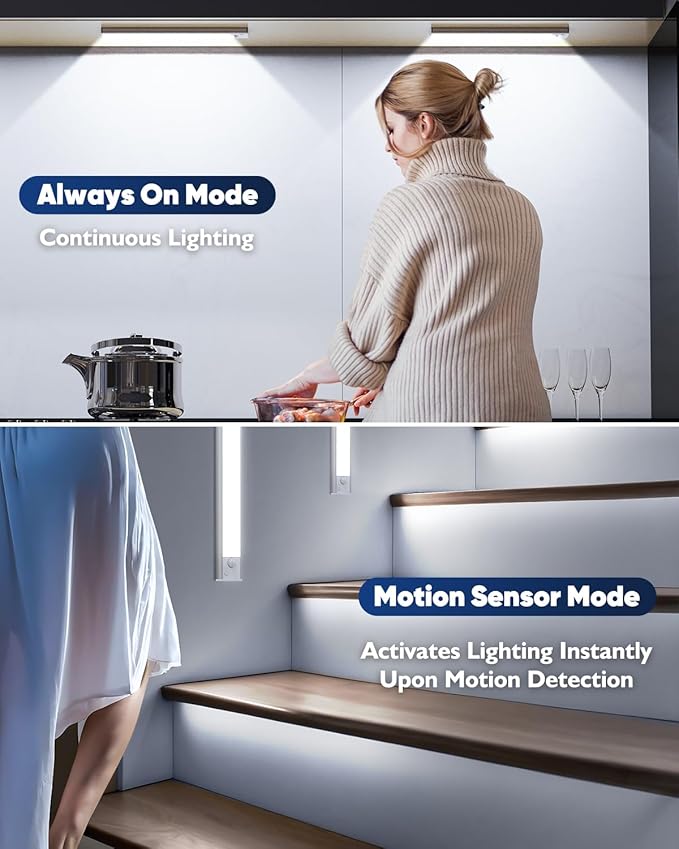 Under Cabinet Lighting, 10 Inch LED Battery Operated Rechargeable Motion Sensor Lights Indoor, 2200mAh Magnetic Wireless Closet Light, 6500K Dimmable Under Counter Lights for Kitchen, Stair, 3 Packs