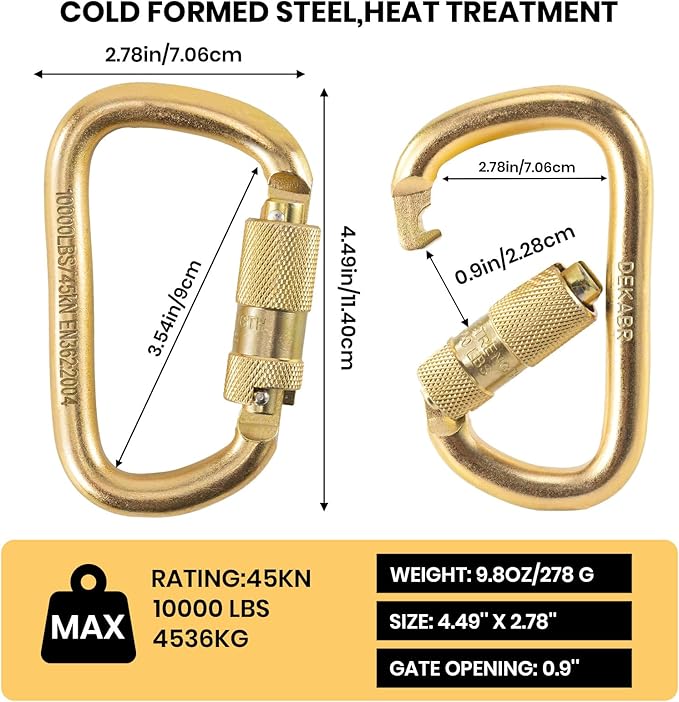 DEKABR Carabiner Heavy Duty, 45KN Twist Lock Steel Auto Locking Climbing Carabiner for Rock and Tree Climbing, Camping, Rappelling, Rescue and Mountaineering – ANAB Certified, Large, Gold