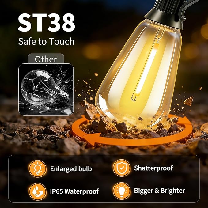 Outdoor Solar String Lights Waterproof: ST38 82ft Shatterproof Patio Lights - Solar Powered & USB Dual Charging - 3 Modes Button Control - Garden Backyard Gazebo Porch Party Decor