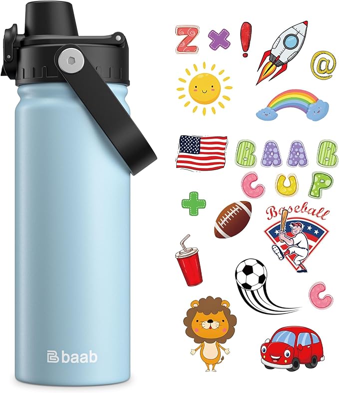 baab 18oz Kids Water Bottle, Insulated Kids Water Bottle with Lockable Spout Lid & Stickers, 18/8 Stainless Steel Vacuum Leakproof Kid Water Cup with Handle for Boy Girl & School (Light Blue, 1 Pack)