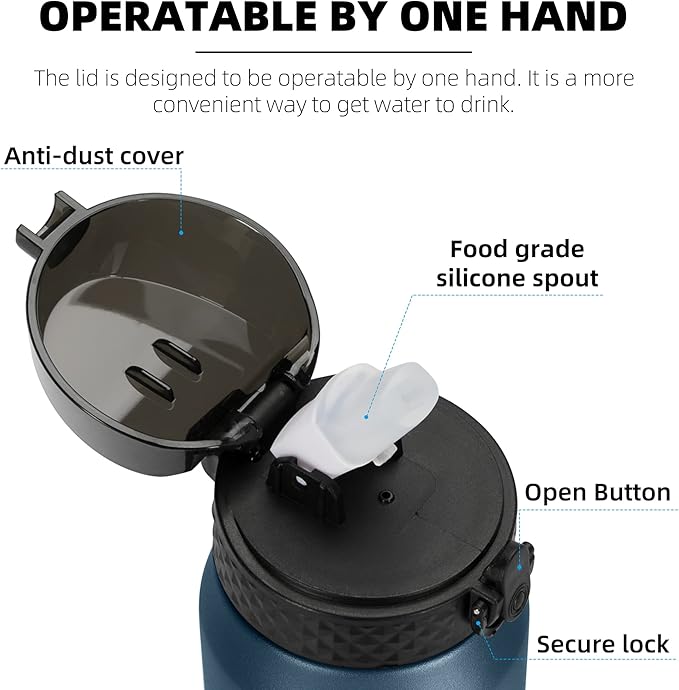 Fanhaw 24 oz Insulated Stainless Steel Water Bottle with Straw Lid, Leakproof & Anti-Dust Sports Bottle for Kids, Women & Men (Navy Blue)