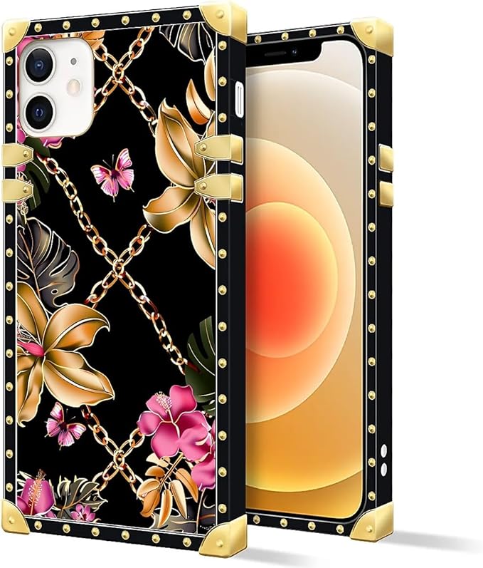 Compatible with iPhone 11 Case, Pink Golden Chain Tropical Flower Luxury Golden Decoration for Girl Women Soft TPU Shockproof Protective Hard PC Back for iPhone 11