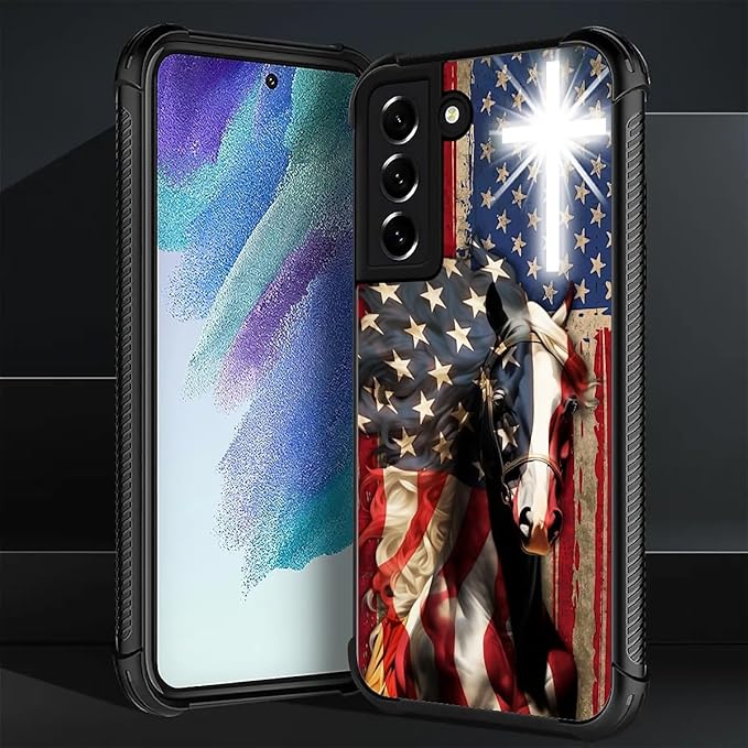 for Samsung Galaxy S21 Plus Case, Red American Flag Horse Cross Pattern Graphic Design Girl Boy Soft Silicone Hard Acrylic Shock Protection for Samsung Galaxy S21 Plus