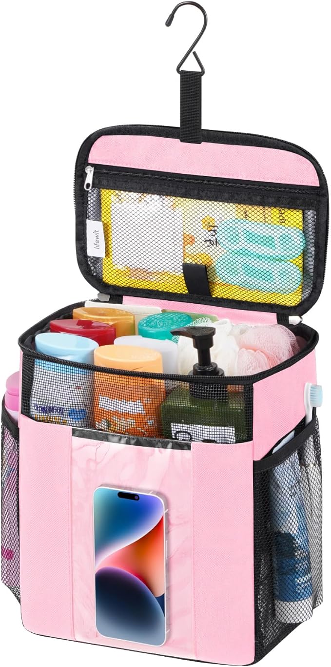 Lifewit Mesh Shower Caddy Bag Portable, Quick Dry Hanging Bathroom Organizer with PVC Phone Bag, College Dorm Room Essentials for Travel, Gym, Camping, Toiletry Tote for Women Men, Large, Pink